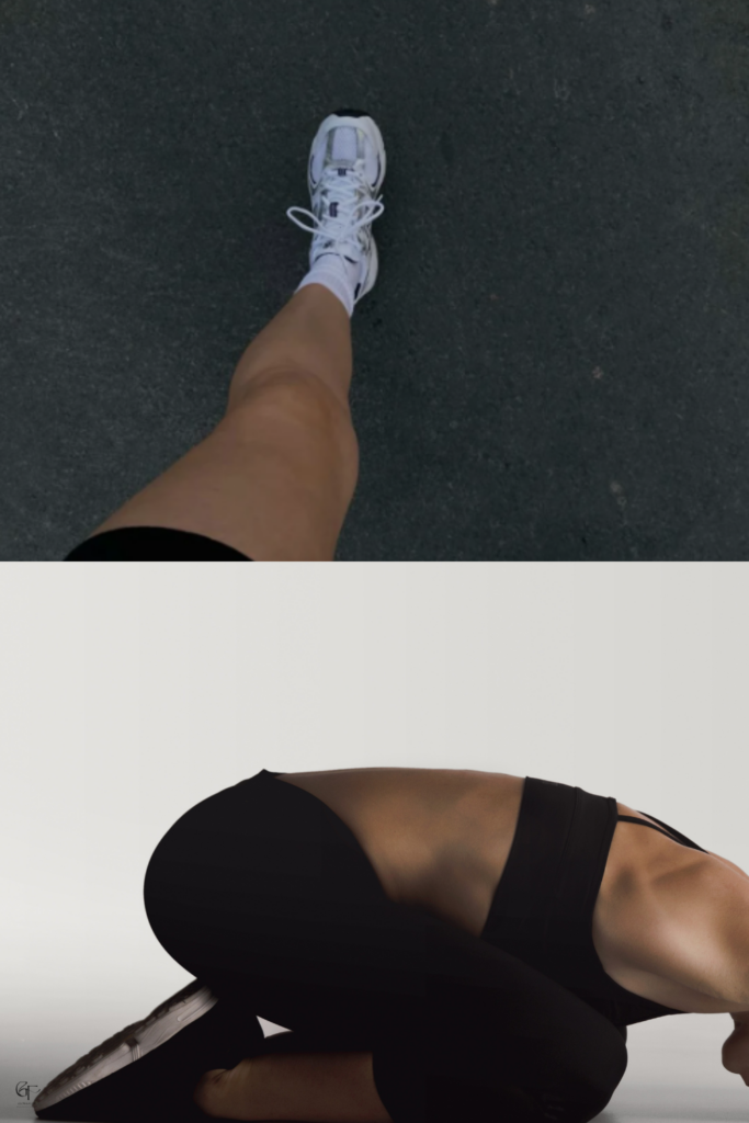 A close-up of a leg wearing a white sneaker and white sock on dark asphalt, suggesting movement or exercise.