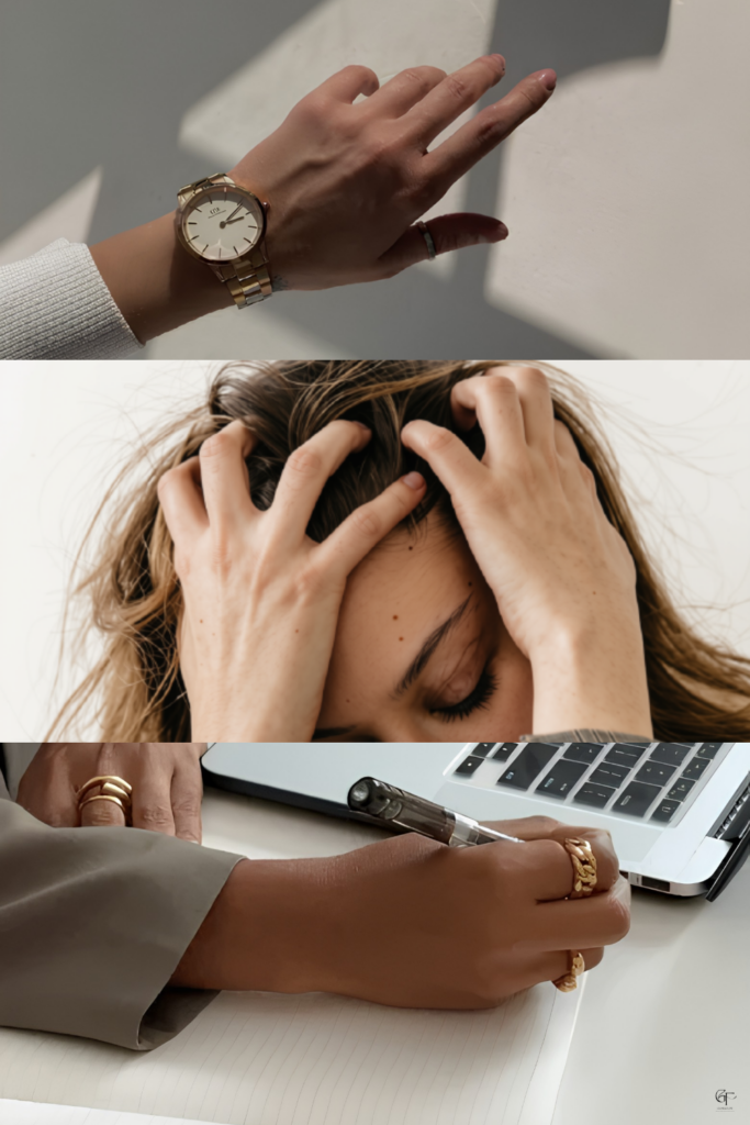 A three‑part collage showing a gold watch on a wrist, a stressed person holding their head with both hands, and a hand writing in a notebook beside a laptop. The sequence visually represents time pressure, overwhelm, and work‑related mental load.
