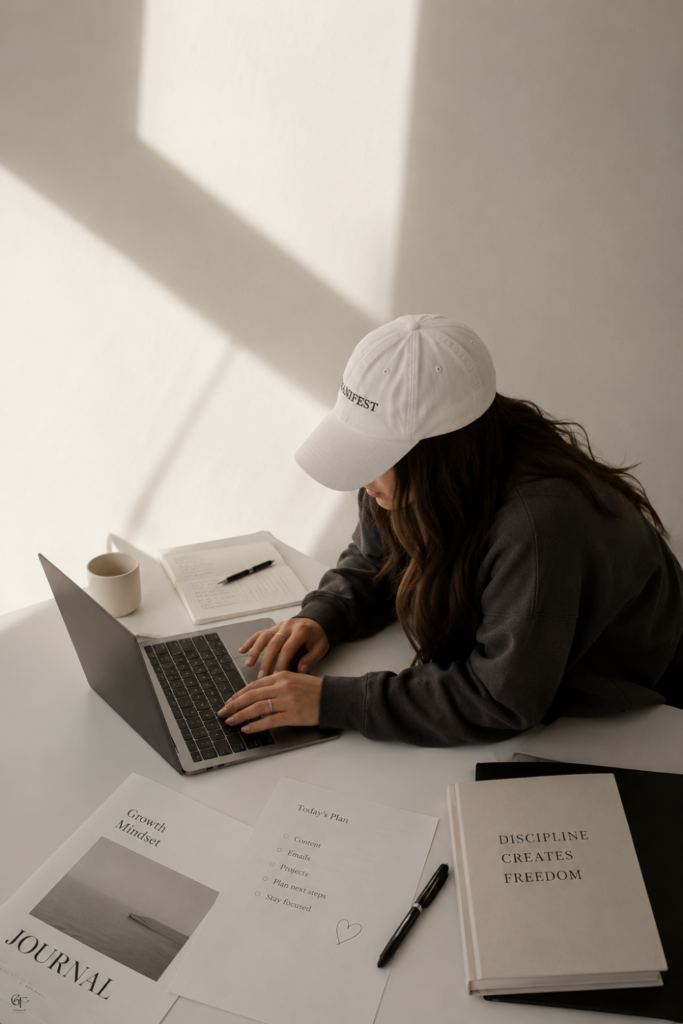 A calm workspace with a person wearing a “MANIFEST” cap working on a laptop. On the desk are a growth‑mindset journal, a daily planning sheet, a notebook, and a book titled “Discipline Creates Freedom,” creating a focused productivity atmosphere.