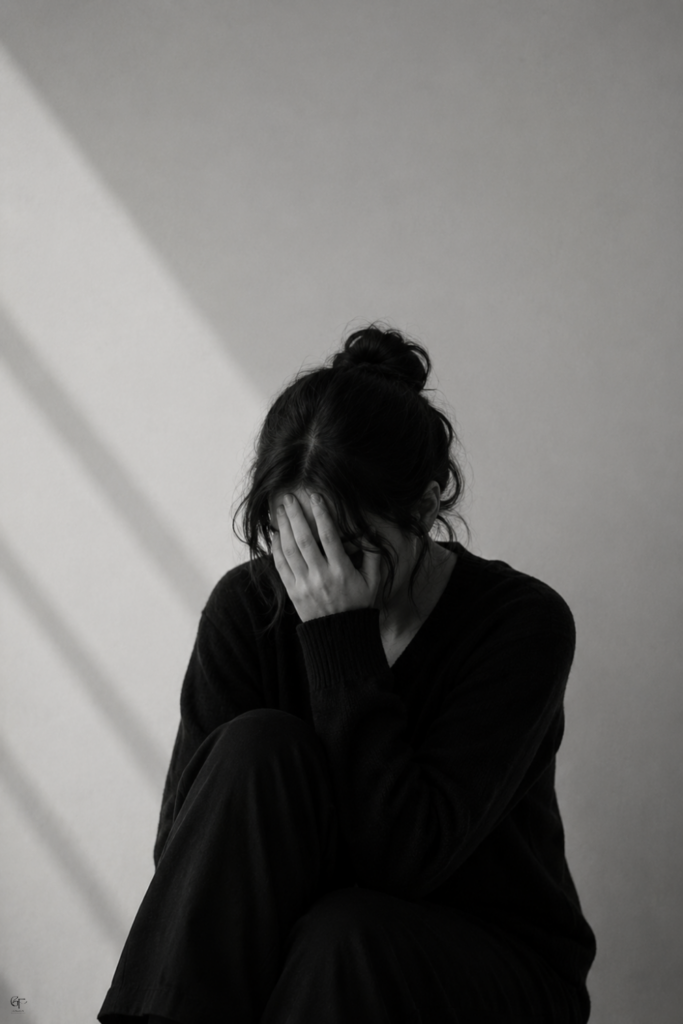 A black‑and‑white photo of a person sitting with one knee raised, covering their face with one hand. Soft diagonal light falls across the wall, creating a quiet, introspective mood that reflects emotional fatigue and low energy.