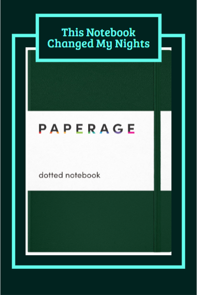 Dark green PAPERAGE dotted notebook with a white label and turquoise text boxes promoting journaling