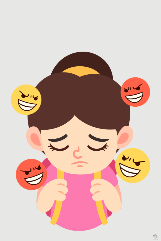 Sad child illustration surrounded by angry, mocking faces, depicting emotional bullying and the impact of peer rejection on children.